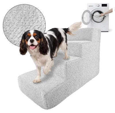 Produktbild von Muralo Treppe für Hund und Katze Rampe HUNDETREPPE Treppe für Haustiere 4 Stufen Weiß Bouclé Stoff