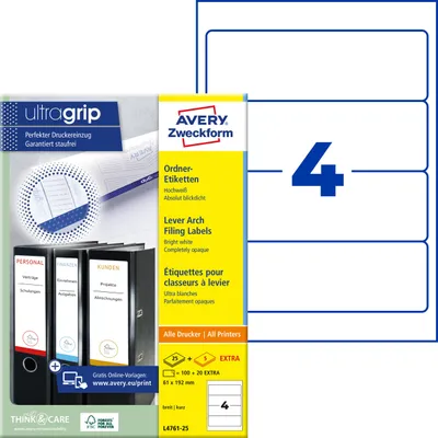 Produktbild von Avery Zweckform L4761-25, Ordner-Etiketten, A4, Qualitätsdruck mit: ultragrip, 61 x 192 mm, 120 Etiketten / 30 Bögen, weiß