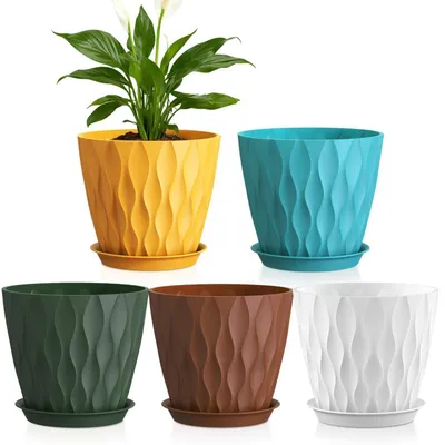 Produktbild von Blumentöpfe 5er Set 17,6 cm Kunststoff mit Untersetzer und Abflusslöchern, 3D-Wellenstruktur, für Innen & Außen, Bunt