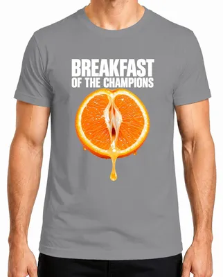 Imagen del producto de Camiseta para hombre, color gris, talla S. Diseño: "Breakfast Of The Champions" (desayuno de campeones), con un juego de palabras de doble sentido, humor para adultos