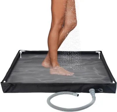 Obrázek produktu pro Skládací sprchová vanička, přenosná sprchová vanička, skládací sprchová vanička na kempování s odtokovou hadicí, 80 x 80 x 10 cm, odolná, voděodolná podlážka z oxfordského materiálu pro stanovou markýzu