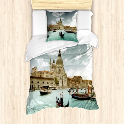 Produktbild von ABAKUHAUS Venedig Mantele, Grand Canal in Luftaufnahme, Milbensicher Allergiker geeignet mit Kissenbezügen, 135 cm x 200 cm - 80 x 80 cm, Türkisblaugrau Beige