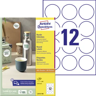 Produktbild von Avery Zweckform L3416-100 Runde Etiketten, A4, Ø 60 mm, 100 Bogen/1.200 Etiketten, weiß
