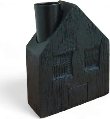 Produktbild von Kerzenhalter Stabkerze Haus mit 2 Fenstern Kerzenständer aus Mango in Schwarz