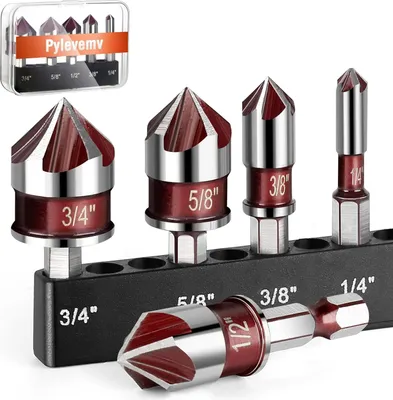 Produktbild von 5Stück Senkbohrer Set, Premium Senkbohrer mit 82-Grad, 5 Schneiden, Schnellwechsel Sechskantschaft, 1/4 Zoll bis 3/4 Zoll Größe, Senkbohrer für Holz, Metall, Kunststoff