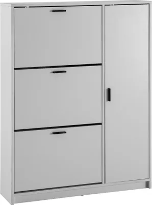 Produktbild von Schoenenkasten Weiß 90x120x24 cm, modernes Schuhregal mit 4 Türen, Schuhaufbewahrung und Ablagefläche