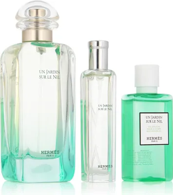 Produktbild von Hermès Parfüm-Geschenkset Un Jardin Sur le Nil Unisex, 100 ml EDT, 40 ml Duschöl, 15 ml EDT, Duftnoten: Karotte, Grapefruit, Tomate, Mango, Orange, Pfingstrose, Hyazinthe, Lotus, Labdanum, Iris, Zimt, Moschus, Weihrauch, 2005, inspiriert von den Ufern des Nils