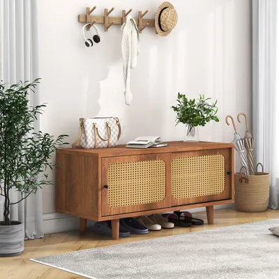 Produktbild von MODFU Schuhbank mit 2 Türen und verstellbare Ablage, Schuhbank mit Rattan-Schiebetüren und Holzfüße, Sitzbank 104x40x48cm, Walnussfarbe