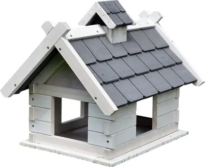 A wooden birdhouse with a gray shingled roof, set against a white background.