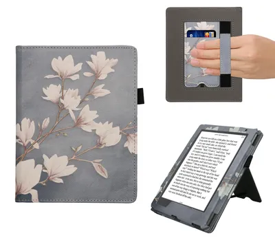 Produktbild von kwmobile eReader Case für Kobo Aura H2O Edition 2 Hülle - Flip Cover mit Handschlaufe, Standfunktion, Magnetverschluss in Magnolien Taupe Weiß