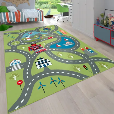 Produktbild von Kinder-Teppich Für Kinderzimmer, Spiel-Teppich Mit Straßen-Motiv, In Grün Grösse 140x200 cm