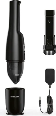 A black handheld vacuum cleaner and its accessories are displayed against a white background.