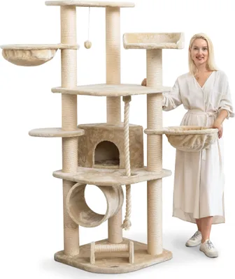 Produktbild von HAPPYPET Kratzbaum für Katzen groß 181 cm hoch - Stabiler Kletterbaum Katzenbaum, dicke Stämme mit 11 cm, Creme
