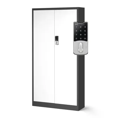 A white metal cabinet with a digital lock.