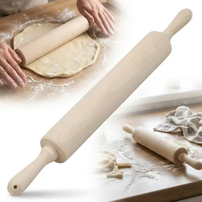 Zdjęcie produktu dla Wałek Drewniany Bukowy Kuchenny Obrotowy 45X5Cm Do Ciasta Na Pierogi Pizzy