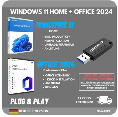 Produktbild von Windows 11 Home + Microsoft Office 2024 Professional Plus | 32GB USB 3.2 Installationsstick | inkl. Lizenzschlüssel | OHNE TPM 2.0 | Bundle Set