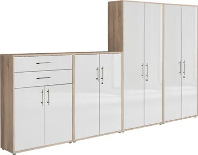 Produktbild von Aktenschrank TABOR 56 in Eiche Sonoma / weiß Hochglanz, Schrankwand, Büroschrank, abschließbar, Metallgriffe