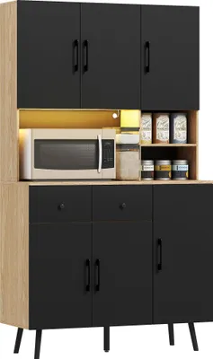 Produktbild von ZMH Küchenbuffet Hochschrank mit RGB-LED-Beleuchtung Arbeitsplatte 6 Türen und 2 Schubladen 100 x 40 x 176 cm Schwarz