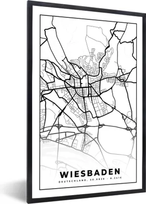 Produktbild von MuchoWow® Gerahmtes Poster Stadtplan - Karte - Wiesbaden 60x90 cm - Poster mit Schwarzem Bilderrahmen Wandposter Rahmen Foto Bilder - Kunst