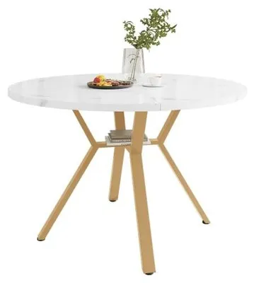 Productafbeelding van Eettafel rond met marmerlook - 100 cm wit/goud