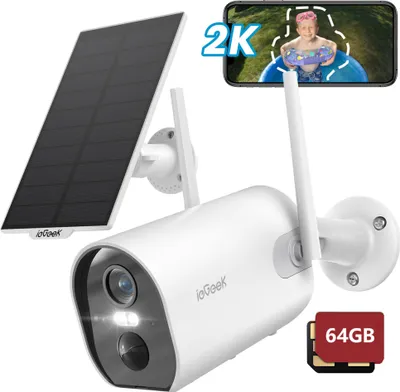 A solar-powered security camera with a phone displaying a child in a pool.