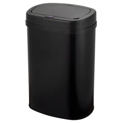 A black sensor trash can is shown against a white background.
