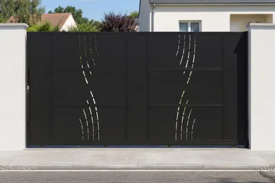 Produktbild von 3,5 m breites NALI VELETA Stahlschiebetor, 180 cm hoch, schwarz + 180 cm hohes Fußgängerto