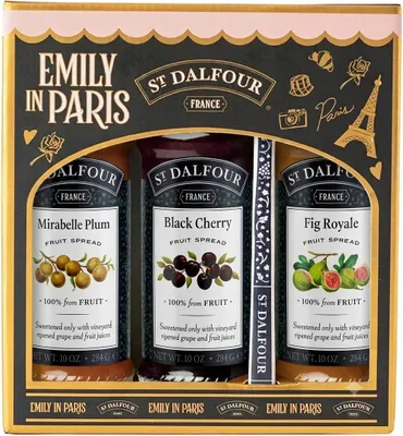 Produktbild von St Dalfour Emily in Paris Fruchtaufstrich Geschenkset: Pflaume, Schwarzkirsche, Feige, 3 x 284g, ohne Zuckerzusatz, 100% Frucht