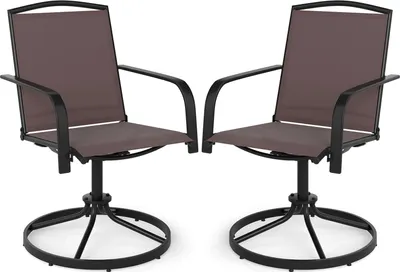 Two outdoor swivel chairs with brown fabric seats and backs, and black metal frames, are shown against a white background.