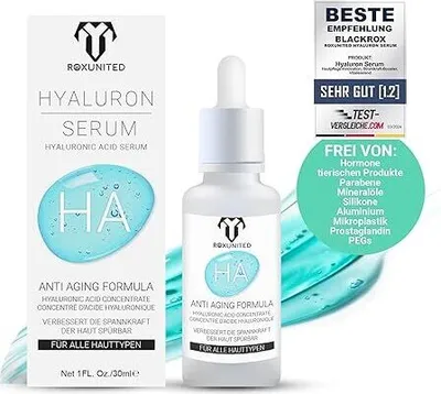 Produktbild von ROXUNITED BIO Hyaluron Serum [Für alle Hautypen] Vergleichssieger - [Hormonfrei] - mit Vitamin C - Geeignet für trockene Gesichtshaut,  30ml