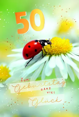 Produktbild von 50. Geburtstag  Karte mit Briefumschlag Marienkäfer auf Blüte, mit Goldfolie