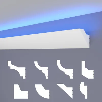 A collage showing a piece of crown molding with integrated LED lighting and several different profiles of crown molding.