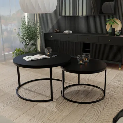 Image de Set industriel de 2 tables basses rondes Lavo avec structure métallique mate Table basse de salon Empilable 70x48 cm+50x42 cm (Ø x H) Couleur : Noir / Noir Mat