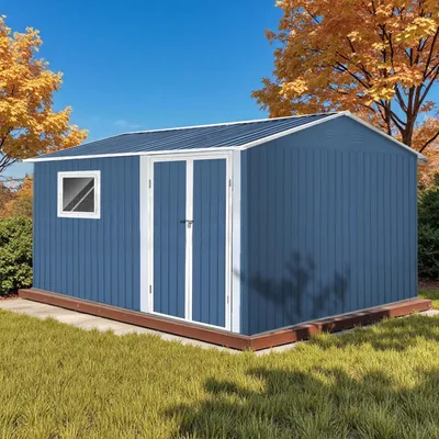 Produktbild von HOMAVO Gerätehaus Metall mit Pultdach, Gartenhaus Metall mit Fundament, 366.1× 301.2 × 213.4 cm, ideal für Garten, Terrasse oder Rasen