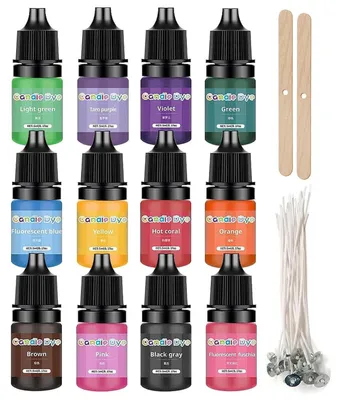 Produktbild von Kerzenfarbstoff Set, 12 Flüssigfarben je 5ml, mit 10 Dochten & 2 Dochthaltern, für alle Wachsarten