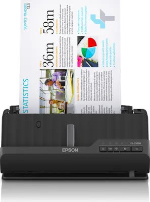 A document scanner with a document partially fed into it, set against a white background.