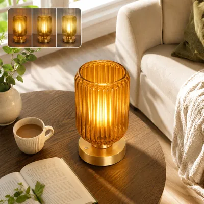 Image de Lampe de table sans fil avec batterie, lampe tactile LED à intensité variable, rechargeable par USB-C, 3 températures de couleur, abat-jour en verre, idéale pour restaurant, café, hôtel, chambre, couleur or/jaune