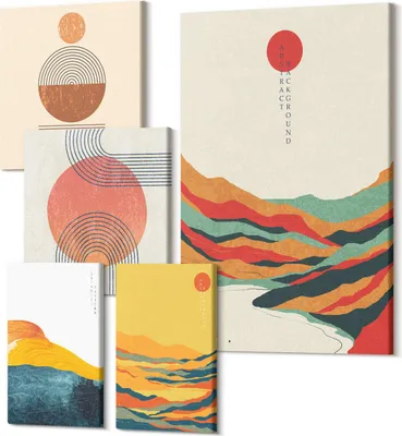 Produktbild von Wandbilder Leinwand 5-teilig – – Polycanvas Kunstdruck – Moderne Bilder für Wohnzimmer & Schlafzimmer – Aufhängefertig – 2x 30x30 cm + 2x 20x30 cm + 1x 40x60 cm – Abstrakte Landschaften mit geometrischen Formen und Farben