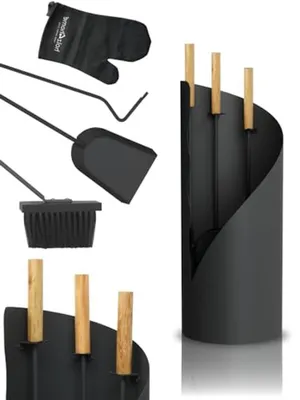 Productafbeelding van Haardbestek Set - Openhaard Gereedschap - Haard Onderhoud - Inclusief Ovenhandschoen - 50 cm Hoog - Grijs Zwart