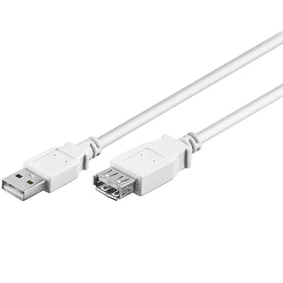 A white USB 2.0 extension cable with a USB-A male connector on one end and a USB-A female connector on the other.