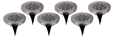 Produktbild von 6er-Set LED Solar-/Bodenerdspieß "KIAN" Ø: 12 cm, Lampe für den Außenbereich im Functional Style, aus Metall und Kunststoff in stahl-blank, 13 cm hoch, Ø 12 cm, LED Platine – mit Schiebeschalter – Dämmerungssensor