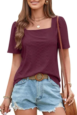 Image de ASKSA T-shirt femme col rond élégant manches courtes haut tunique, vin rouge, XXL