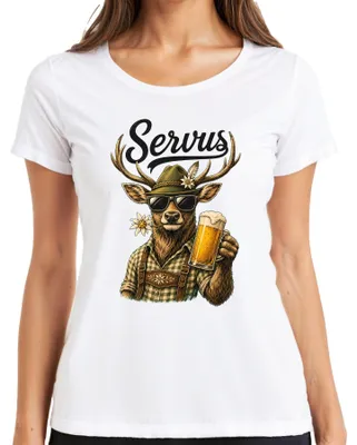 Productafbeelding van Servus Hirsch Bayern, , bier, traditionele kleding, lederhosen, dirndl, jacht, dames T-shirt, wit, maat XL