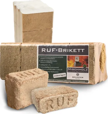 A collection of RUF-Brikett wood briquettes, some stacked and some loose, presented on a white background.