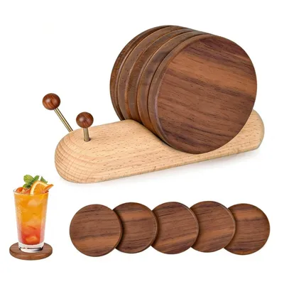 Immagine prodotto di Sottobicchieri in legno (set da 4) – Sottobicchieri in vetro rotondi, resistenti al calore e all'acqua – Ideali per tavolo e cucina