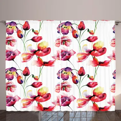 Obrázek produktu pro ARANDE Tulipánová záclona, pastelové barvy, rozkvetlé tulipány a máky, přírodní motivy, 280 x 245 cm, bílá a červená