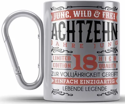 Produktbild von Trendation - 18. Geburtstag Edelstahl Tasse Karabiner Geschenk 18er Geschenkidee Mädchen Jungen Lustiger Spruch Legende (Silber)