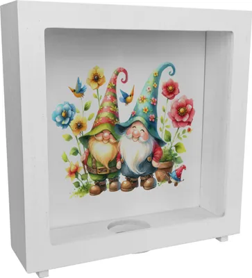 Produktbild von Gartenzwerge mit Blumen Rahmen Spardose aus Holz