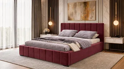 Produktbild von Nero Polsterbett 160x200 cm, Doppelbett mit Bettkasten, Velourstoff Bordeaux