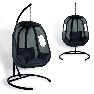 Produktbild von CCLIFE Hängesessel mit Gestell Faltbar und Kissen Hängeschaukel Indoor & Outdoor Max.120 kg Schwarz